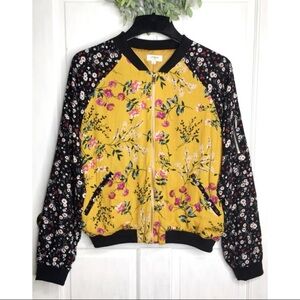 Umgee Yellow Floral Bomber Jacket with Black Sleeves